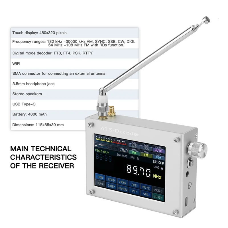 A37T-Per ATS-Decoder Mega SDR Radio AM FM SYNC SSB CW DIGI Ricevitore Versione aggiornata del ATS25 Max-Decoder Schermo a colori da 4 pollici