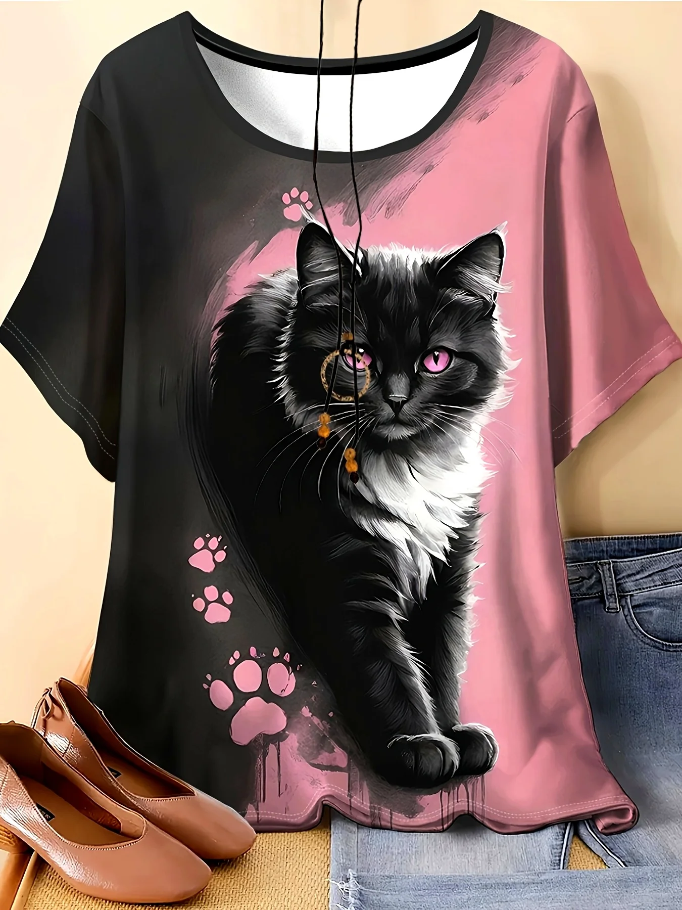 Women Crew Neck Short Sleeve T-shirt Black Pink Gradient Fluffy Black Cat Pink Paw Print Casual Animal Graphic Summer Daily Top