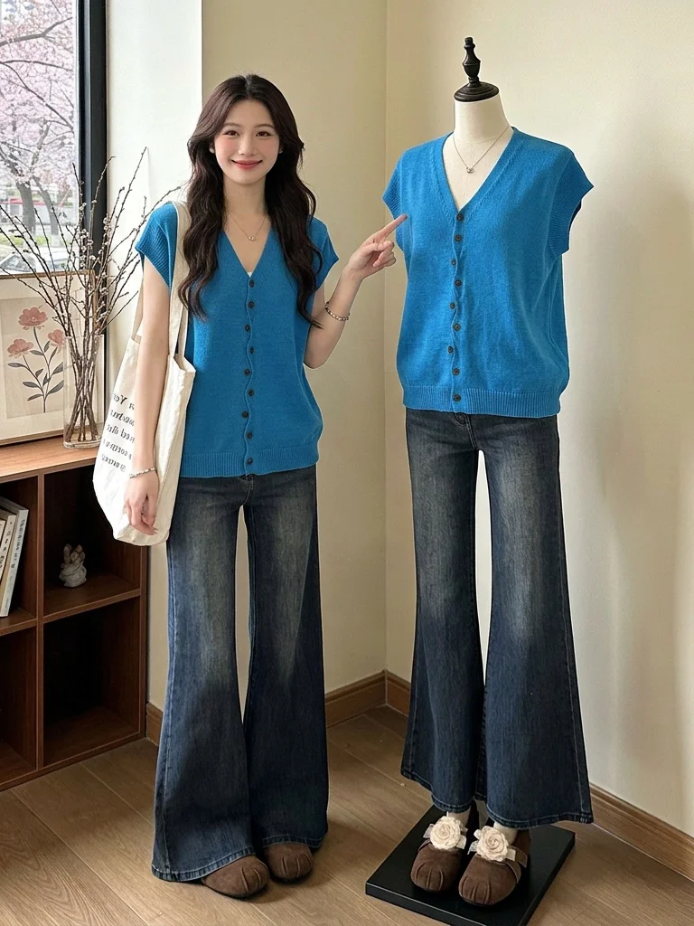 Klein Blue Knitted V-Neck Short Sleeve T-Shirt Women's Summer New plus Size Slimming Top Korean Style Loose Fit Commute Wind