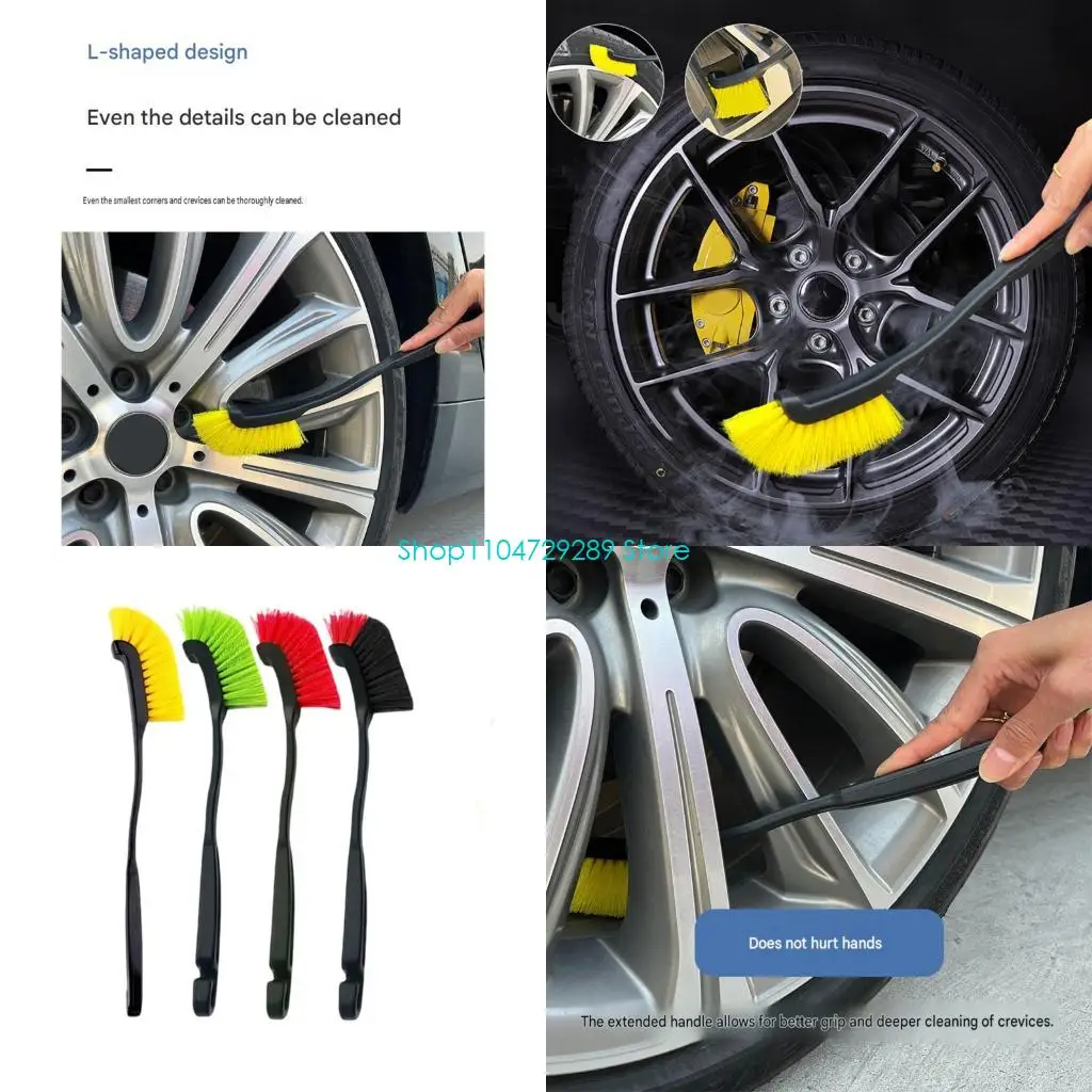 D8KE Long Handle Wheel Brush Set, 4 Piece Curved Detail Brushes for Tire Cleaning, Wheel Spokes and Tight Reach Vehicle Use