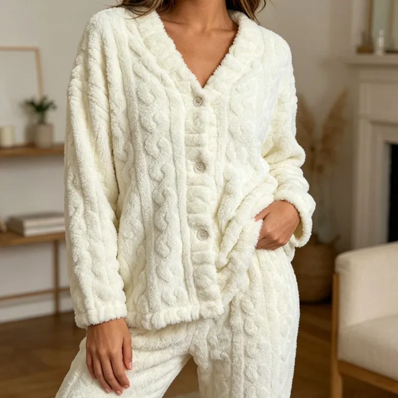 Fleece Lined Button Down Women's Long Sleeve Pants Pajama Set Coquette Sweet 2-Piece Warm Loungewear for Fall Winter