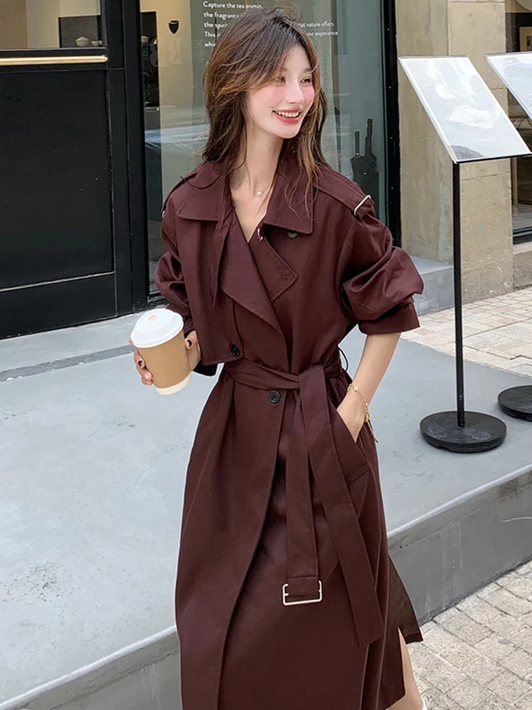 BZVW Wine Red French Style Trench Womne\'s 2024 Autumn New Lapel Solid Color Belt Gathered Waist Long Casual Coats 25A9268