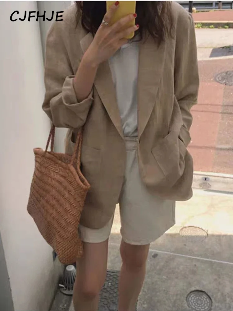 CJFHJE Khaki Office Lady Blazer Casual Thin Cotton Linen Blazers Female Spring Autumn New Korean Retro Loose Suit Jackets Women