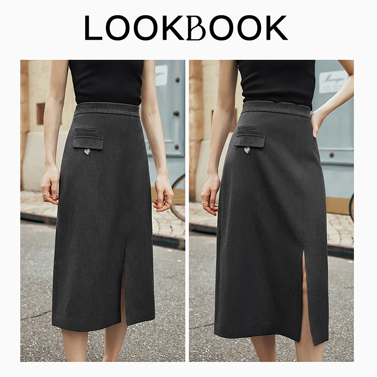OLrain Women 's Midi Skirt 2025 Autumn Fall Elegant Fashion High Waist Straight Split Skirt Simple Woman Clothing O23QB82518
