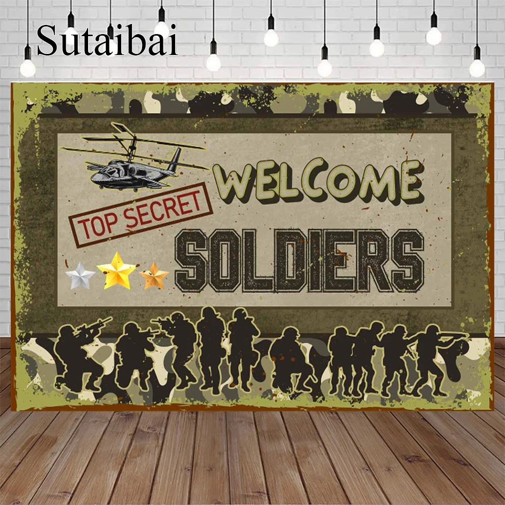 

Soldier Military Backdrop Green Camouflage Top Secret Action Little Soldiers Children's Birthday Party Banner Welcome Soldiers