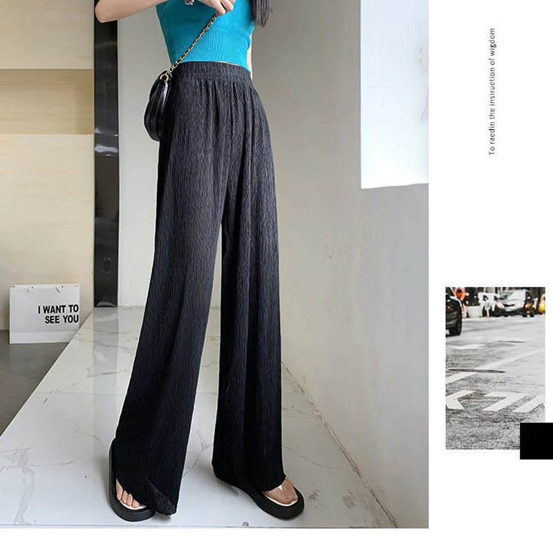 Summer Thin Style Casual Wide Leg Trousers Ladies High Waist Ice Silk Fabric Pleated Full Length Pants Fashion Chiffon Pants