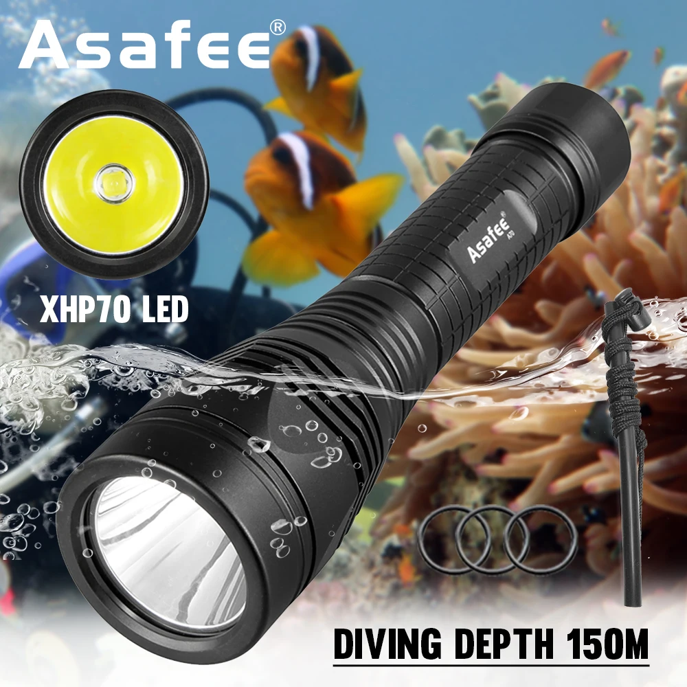 Asafee A70 P70.2 Powerful Diving Flashlight LED Underwater Lantern 2500LM Waterproof IPX8 Rechargeable Scuba Dive Lamp Torch