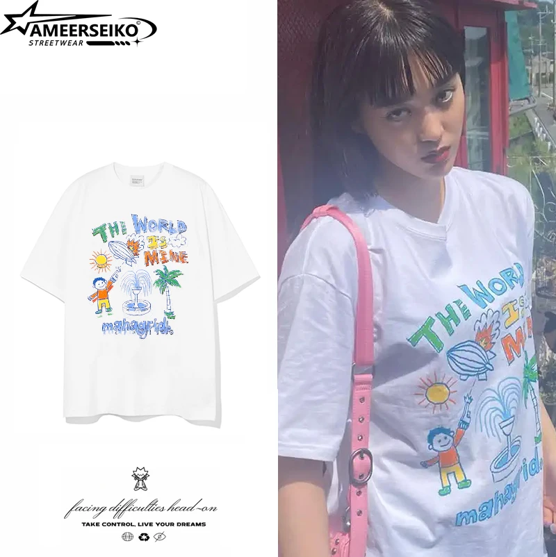 

Song Yuqi Korean version of the same sweet wind cartoon boys English graffiti printing T-shirt age-reducing casual shirt