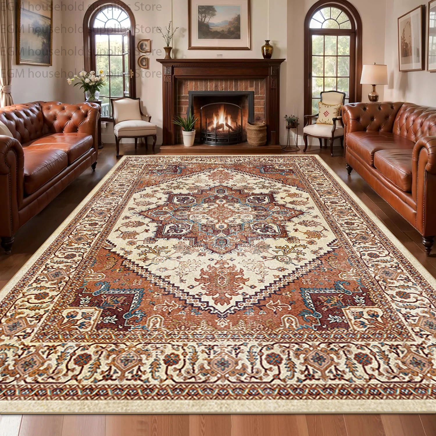 Red Tone Vintage Persian Floral Luxury Fluffy Carpet for Large Living Room Decor Rug Non-slip Washable Bedroom Mats Customizable