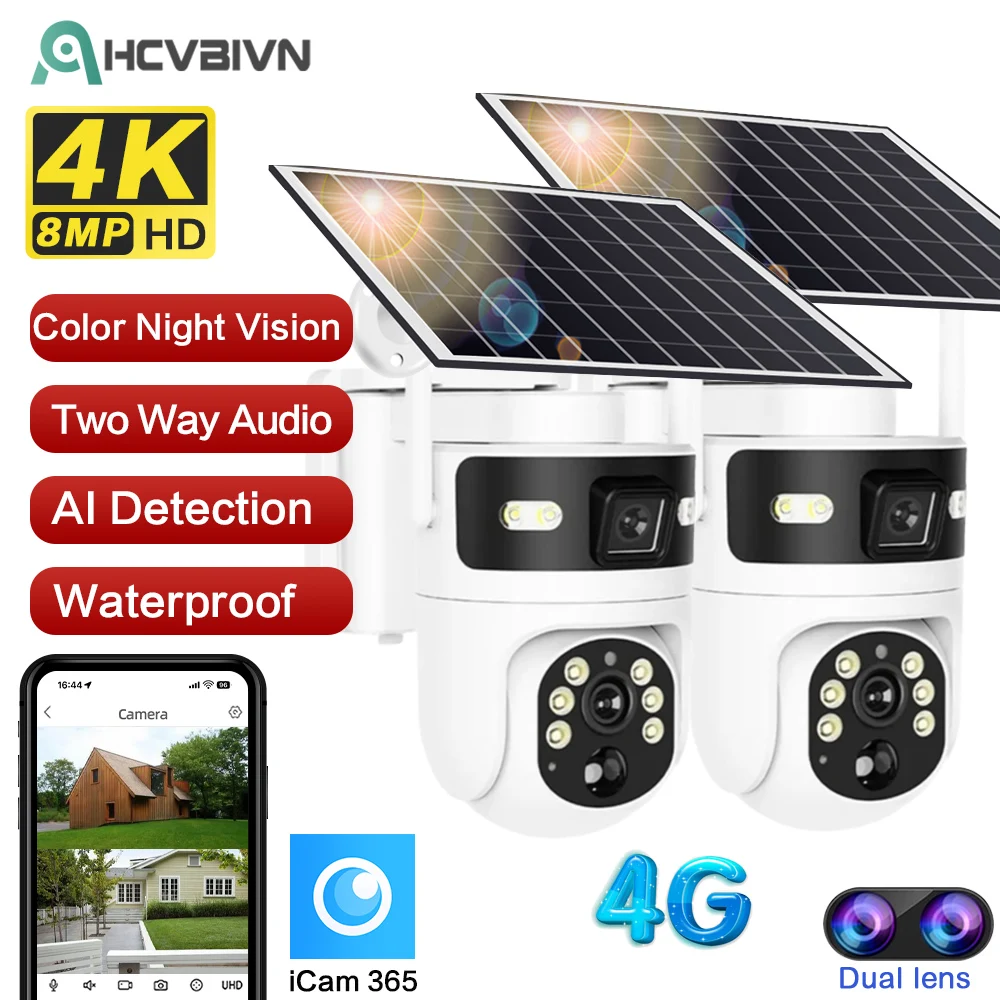 

Solar Powered Wireless PTZ Camera 4G SIM Card Outdoor Dual Lens 8MP 4K IP CCTV Security System PIR Detection Battery Night Vision Mobile Phone App Remote Monitoring Two Way Audio Solar Panel Waterproof for House Farm Warehouse