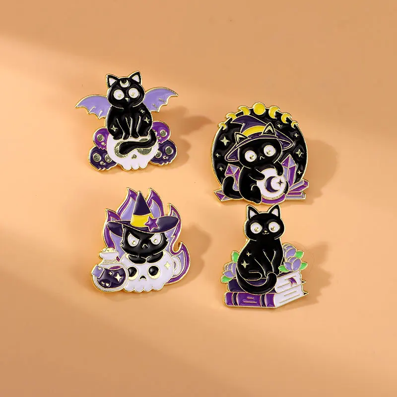 만화 검은 고양이 마술사 에나멜 브로치 크리 에이 티브 동물 할로윈 선물 옷깃 핀 배지 배낭 의류 모자 액세서리 선물