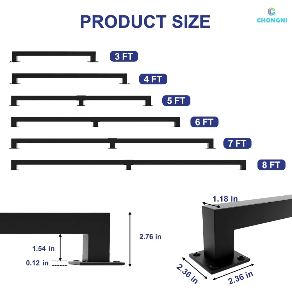 درابزين سلالم داخلي، درابزين أنبوبي مربع أسود غير لامع، سعة 500 رطل، مثبت على الحائط، ميزة أمان صناعية غير قابلة للانزلاق #2