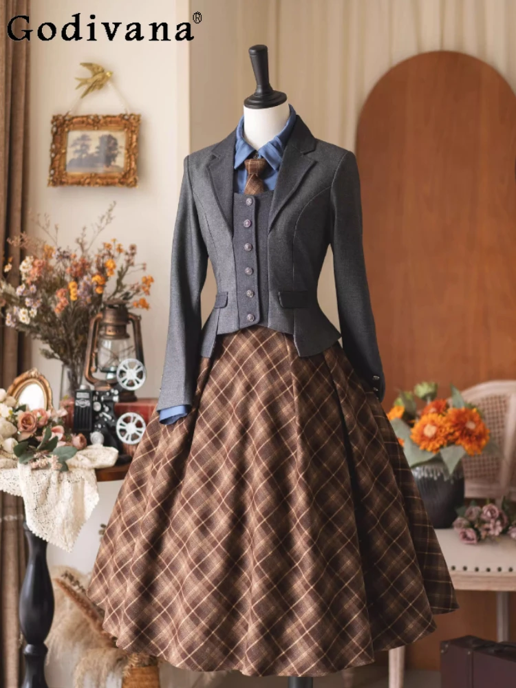 

Original French Elegant Retro Blazer Skirt Shirt Outfits Autumn Winter New Women's Slim Lolita Long Sleeve Shirt SK Shirt Set