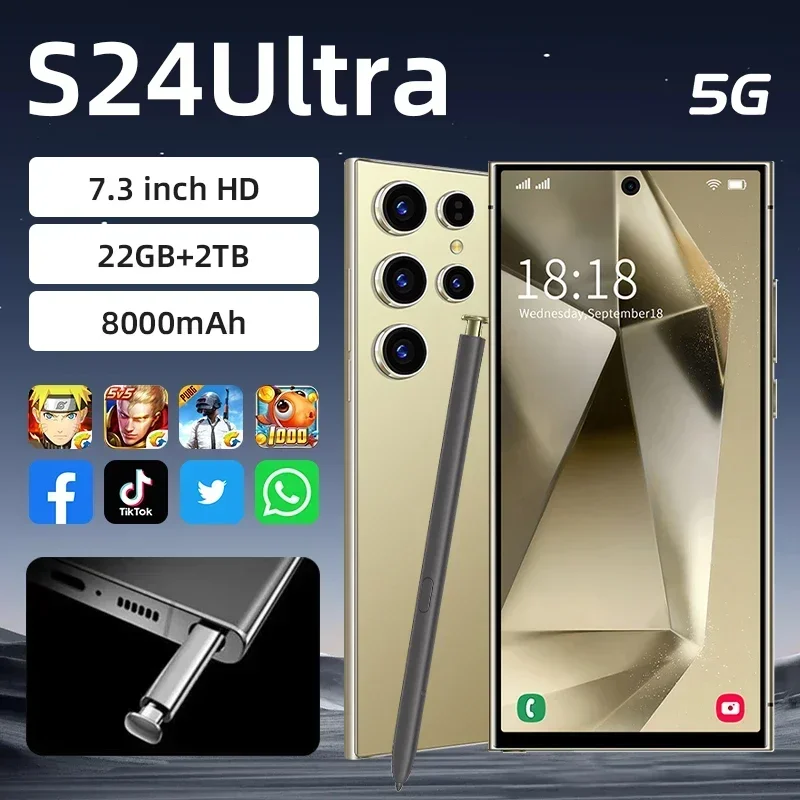 

S24 Ultra Phone Unlocked 5G Dual Sim 7.3 HD Screen 108MP 10core SmartPhone Original 22GB+2TB Android14 8000mAh Super Cell Phones