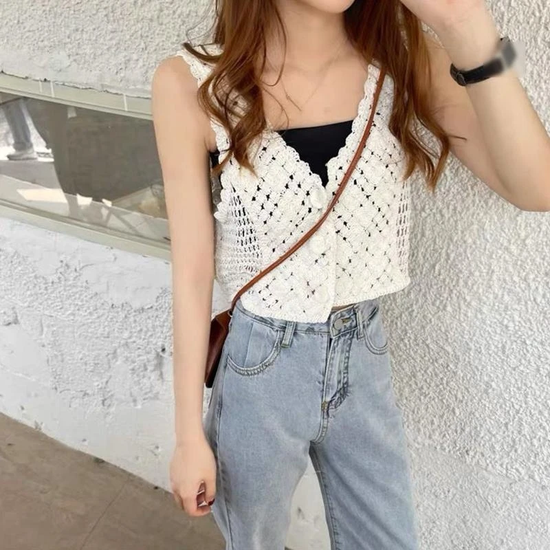 HX6F Sweet Crochet Waistcoats Hollow Out All-match Summer Cropoed Tops Sleeveless Casual French Camis for Women Girl