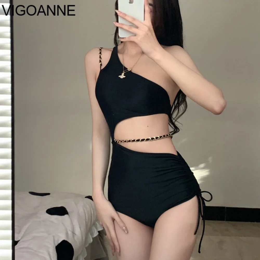 VigoAnne Black One Shoulder Swimwear Women 2024 Sexy Push UP Belt Hollow One Piece Swimsuit Korean Monokini Beach Bathing Suit