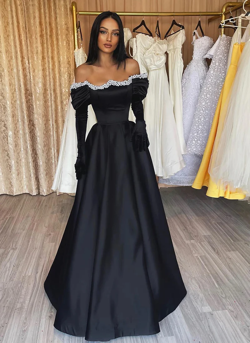 2024 Off-The-Shoulder Black Prom Dresses Pearls Satin Dubai Long Party Dress Luxury Arabic Women's Banquet Formal Evening Gowns