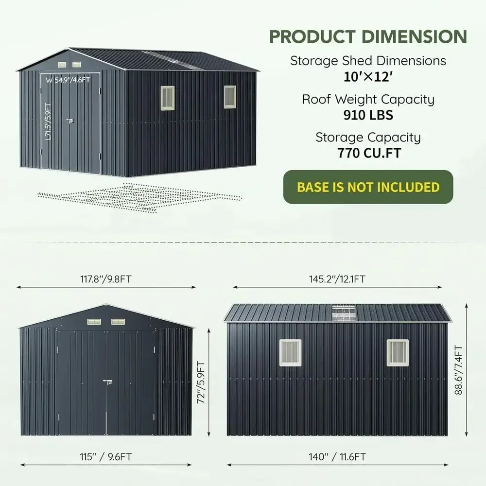 12x10 Outdoor Metal Storage Shed with Double Doors, 2 Windows, and Skylight Panel for Patio or Garden Use