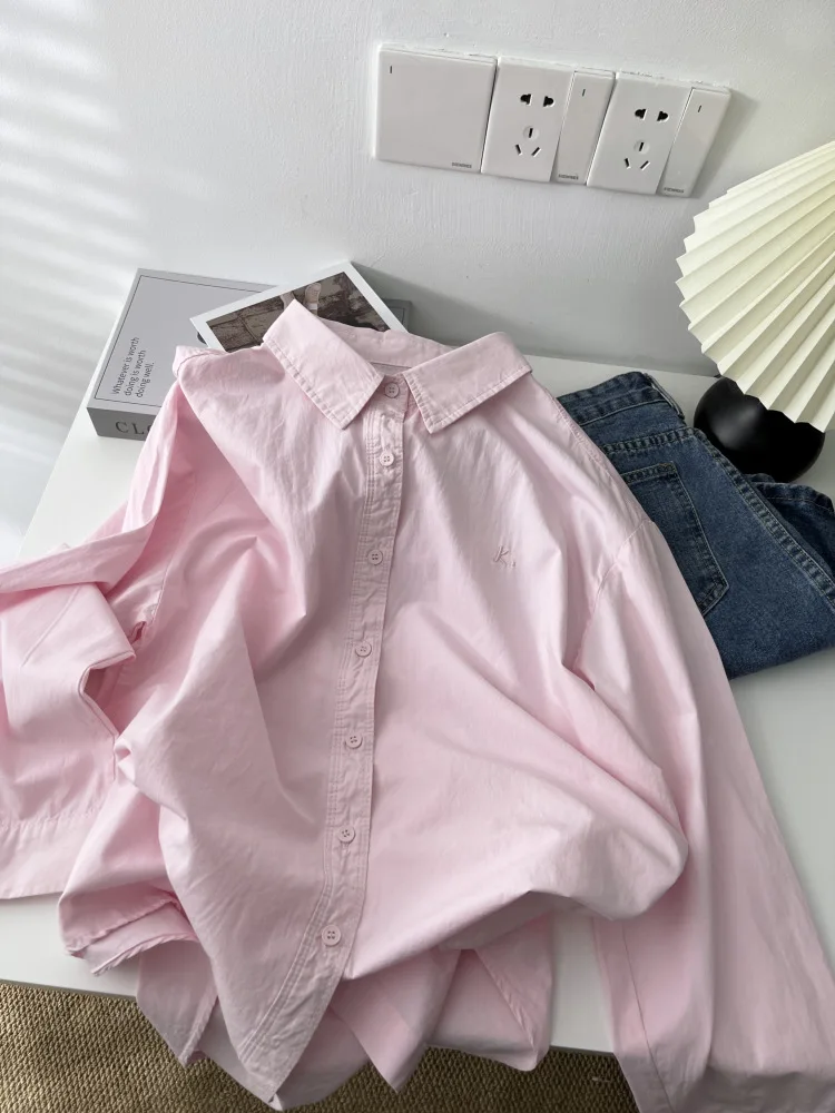 Lazy style shirt women's 2025 new letter embroidered POLO collar Korean version loose shirt with knitted shawl
