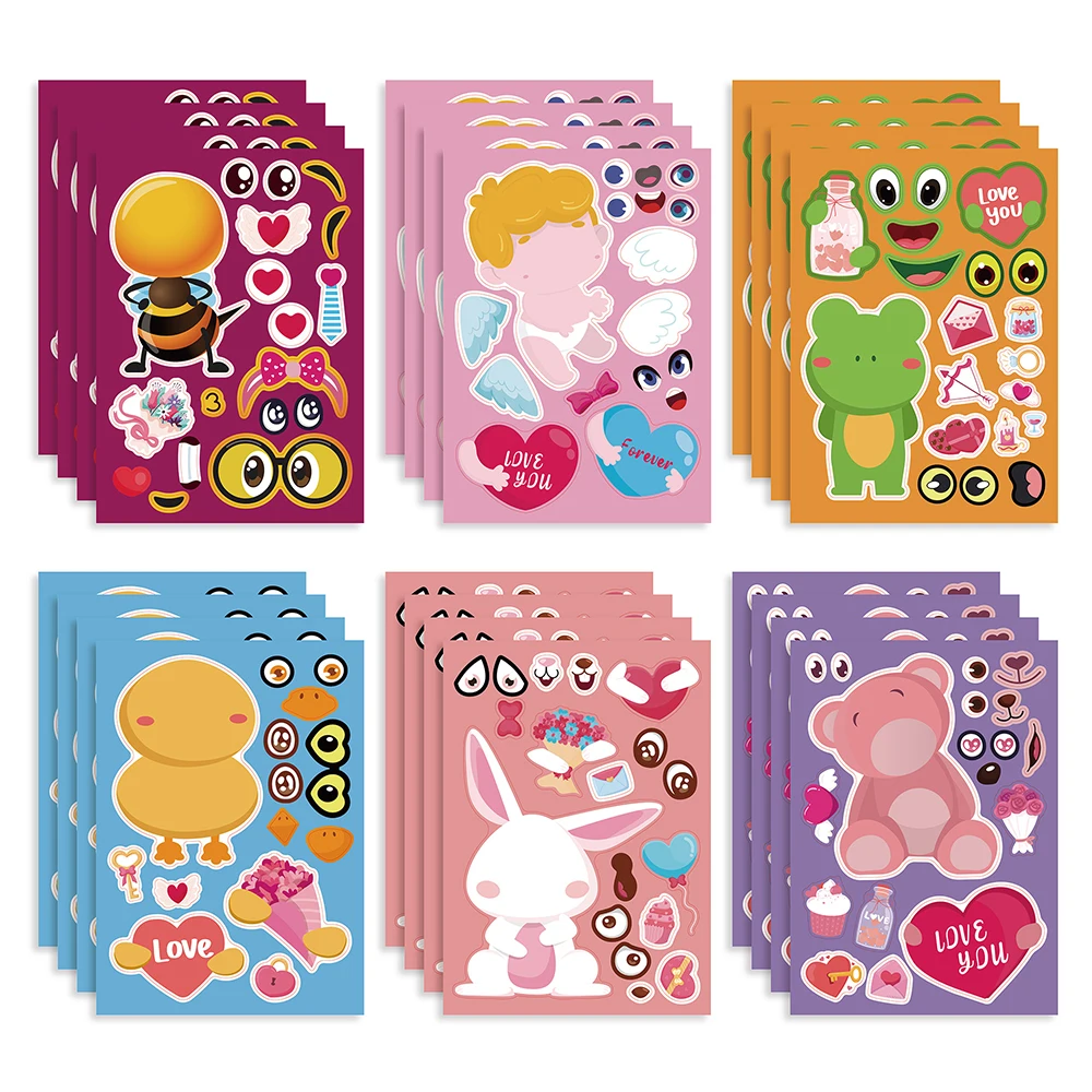 6/12Sheets Valentine\'s Day Puzzle Stickers Games Make a Face DIY Animal Angel Jigsaw Cute Cartoon Decal Children Educational Toy