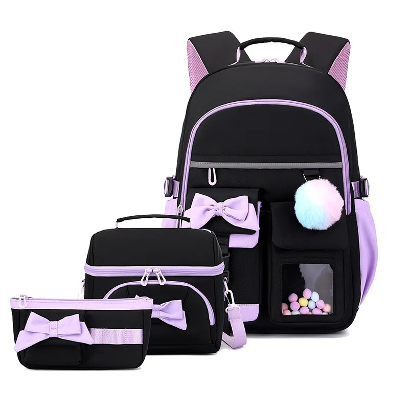 3pcs Elementary School Student Backpack Set Lunch Bag Kids Pencil Bag Middle High Bow School Bags For Girls Teenager Travel Book