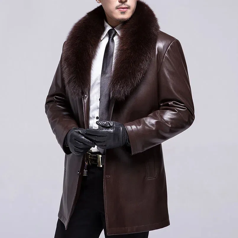 Fox Fur Collar Turn-Down Collar Men Genuine Leather Jacket Long Casual Single Breasted Coats Winter Solid Loose Male Overcoat