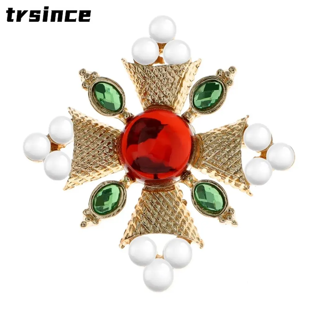 Vintage Medieval Jewelry Pearl Cross Brooches for Men Baroque Palace Brooch High Quality Women Boutique Badges Trendy Gift