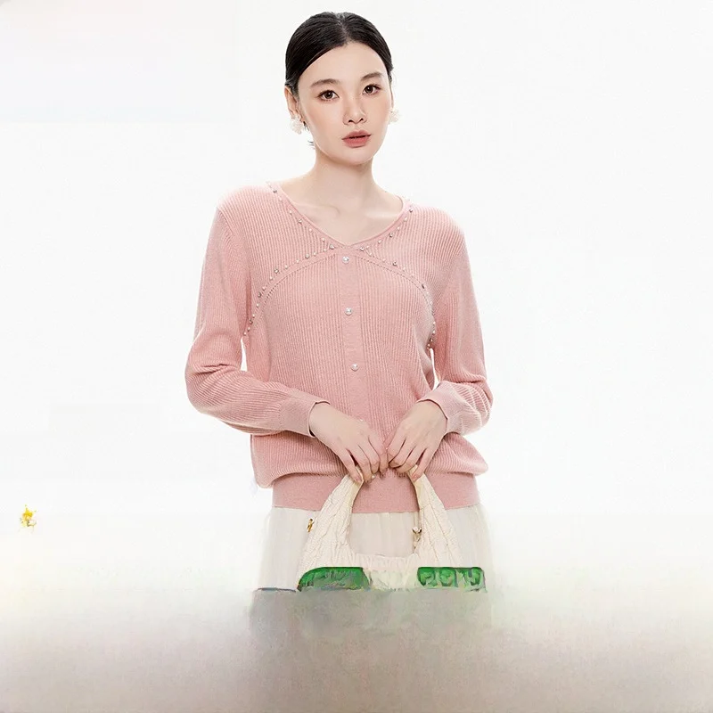 

9Mei Women's Pearl Decorated Overhead Sweater V-Ne Long Sve Winter Faion Inner Wear Outerwear Casual Color Blo