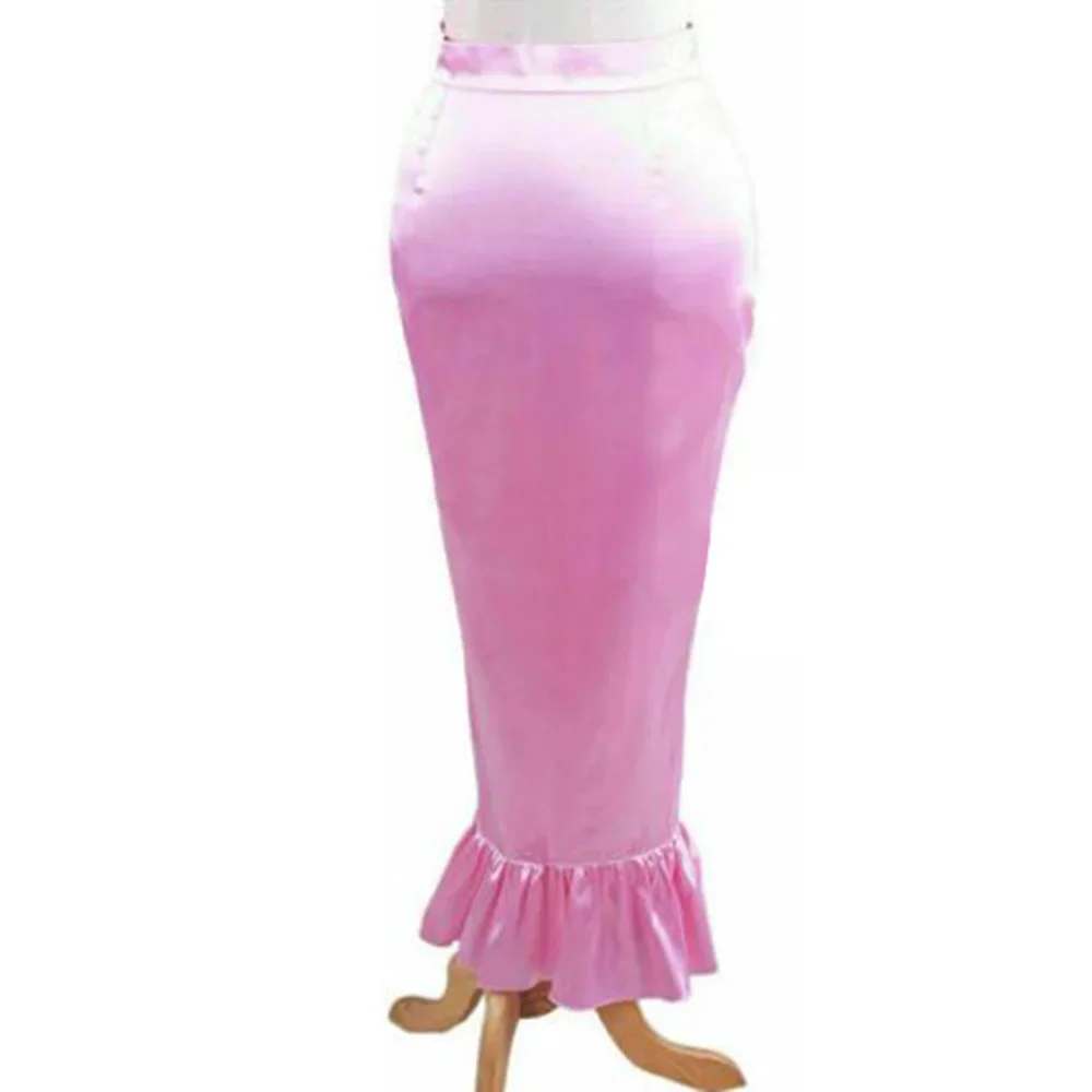 French Sissy Lockable Hobble Skirts High Waist Fetish Satin Ruffles Midi Skirts Ankle Length Mermaid Bodycon Midi Skirt Clubwear