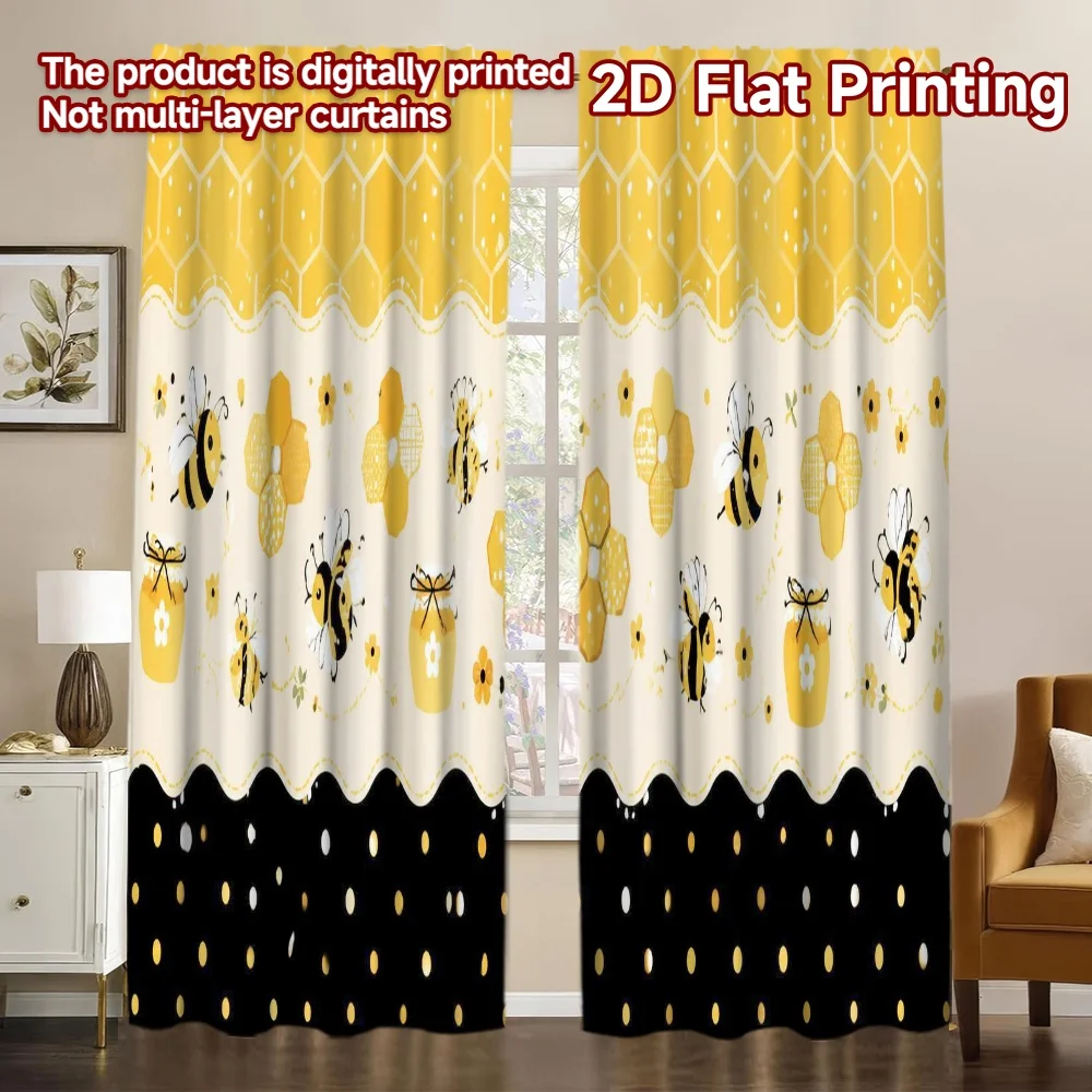 2D FLAT PRINTING 2pcs Curtains (Without Rod) Bee and Honey Design Modern Fashionable Curtains Versatile Fabric Curtains Holiday