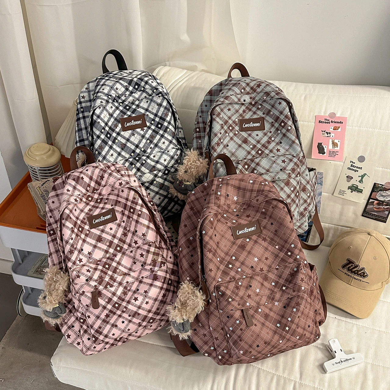 LEFTSIDE Women's Plaid Star Print Canvas Backpack Plush Charm Adjustable Casual Daily School Bag 2026 New Trend Casual Back Pack image 5