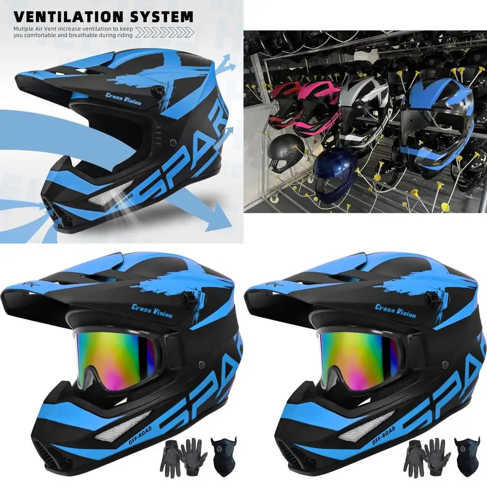 Youth & Adult Motocross Helmet Set with Gloves, Goggles, and Mask - DOT Certified, Blue, X-Large