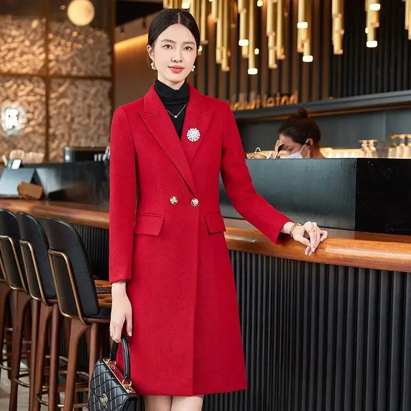 High Quality Fabric Woolen Winter Elegant Middle Long Windbreaker Professional Office Work Wear Career Interview Outwear Tops