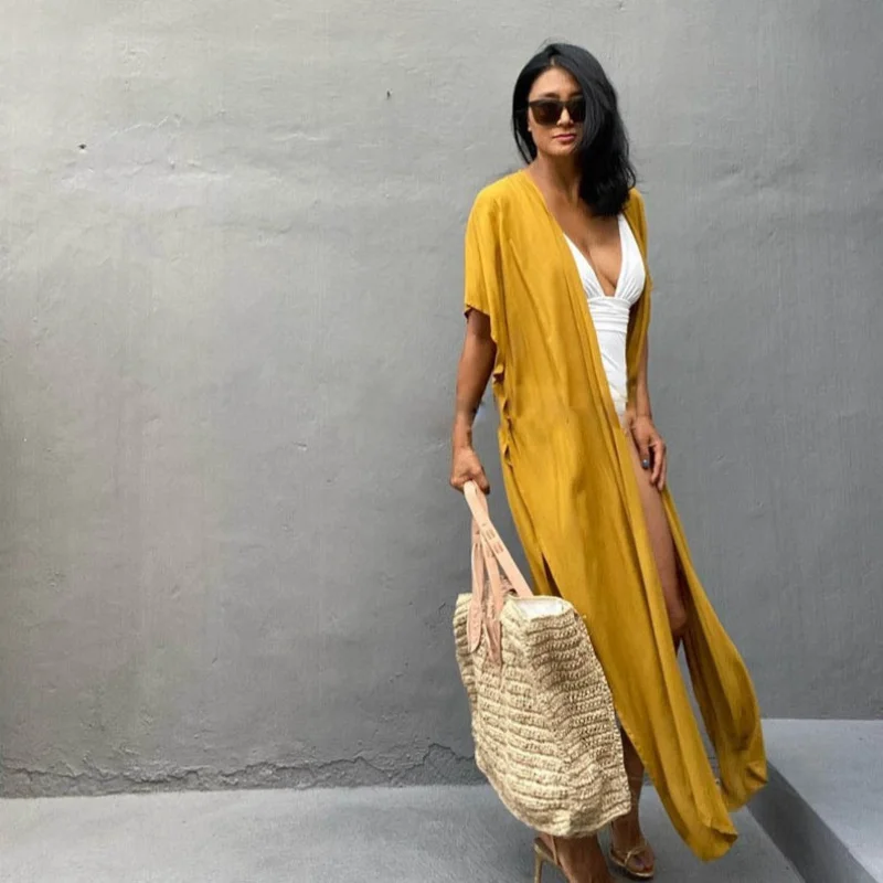 Swimsuit Cover Ups for Women Beach Cape Tunic Kimono Summer Belted Split Wrap Dresses Pareo Holiday Bathing Suits Factory Supply