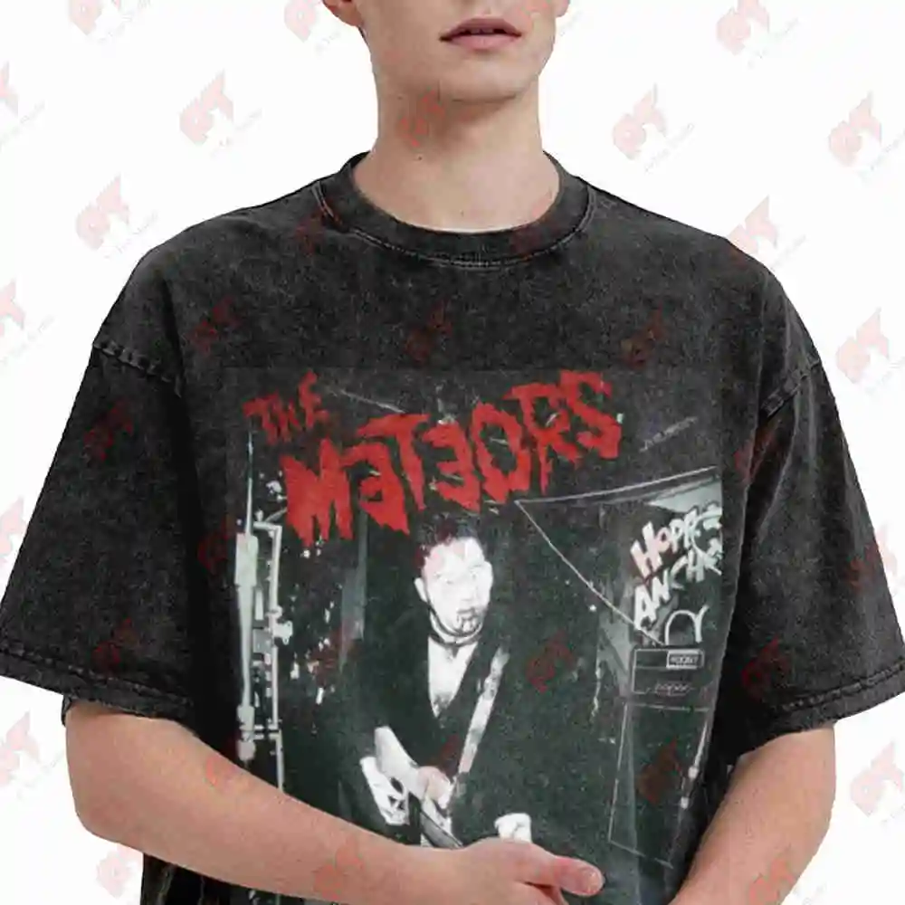 The Meteors Meteor Print Logo Vintage Washed Tee Pure Cotton T-Shirt
