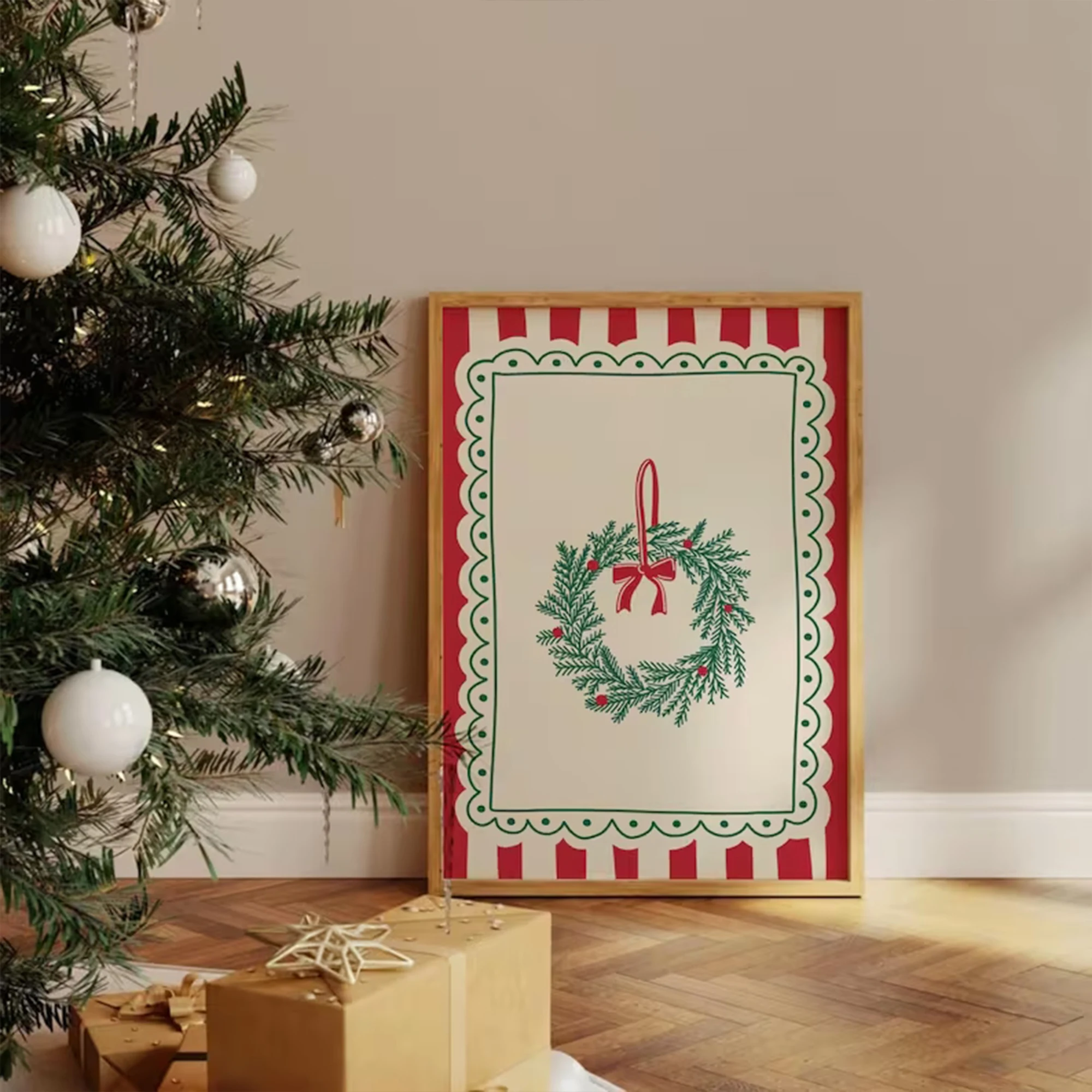 Retro Striped Christmas Wreath Wall Art Print Canvas Painting Poster Picture For Living Room,Bedroom Home Decor