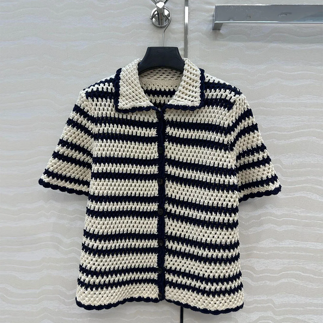 

2025 New Fashion Handmade Crochet Striped Hollow Cotton Knitted Cardigans Women Lapel Short Sleeve Buttons Vintage Sweet Sweater