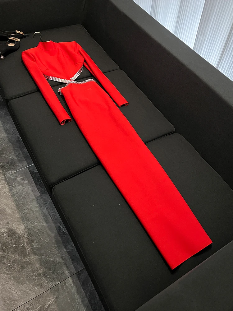 

Hebe Sle Slimming Diamond Embedded Design Bla Bal Evening Dr Long Skirt WY243 Glitter Fabric High Waist Dr