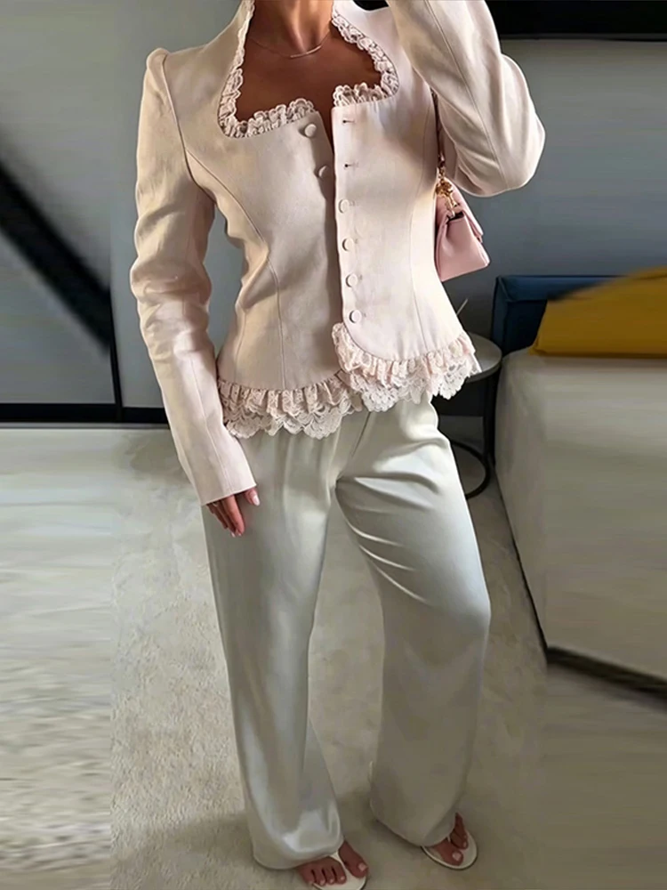 Urban Lace Patchwork Women Blazer Elegant Long Sleeve Slash Neck Button Female Outwear 2026 Autumn Winter Lady Streetwear New