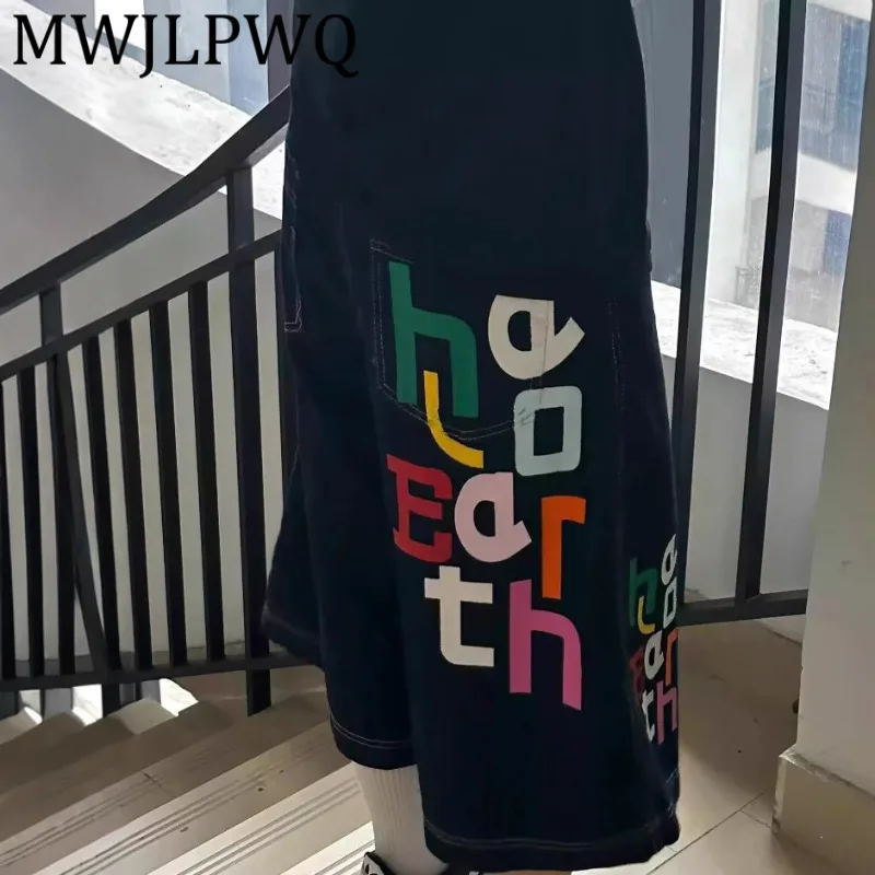 

MWJLPWQ уличные разноцветные джинсовые шорты с буквенным принтом High Street, лето-весна, унисекс, прямые свободные широкие брюки, новинка 11984