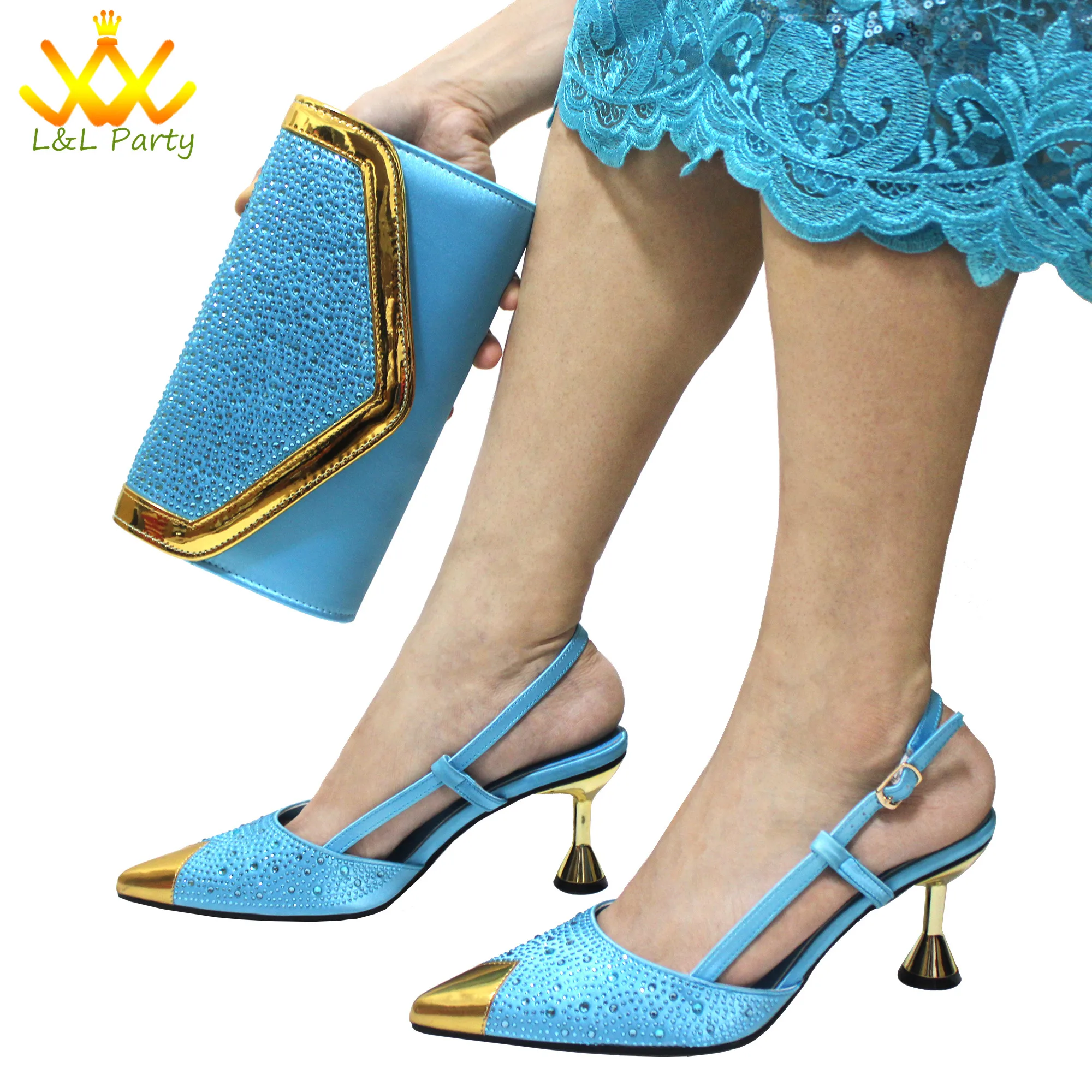 Sky Blue Color High Quality New Arrivals 2024 Italian Desing African Women Shoes and Bag Set Sweet Style Super Heels for Wedding