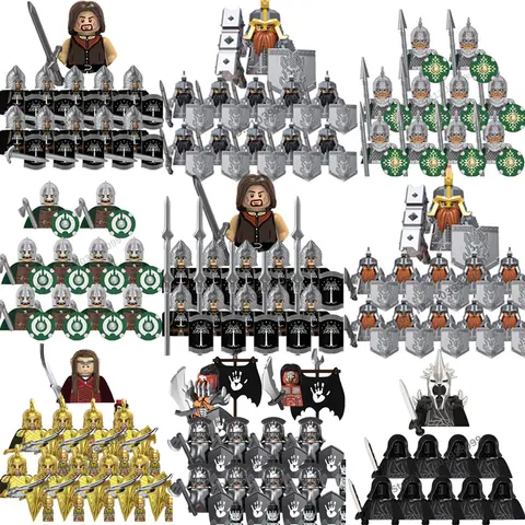 Middeleeuwse oorlogsfiguren bouwstenen Orcs Ringwraith Elfen Dwergen Staal Doro Rohan Legioen Ridders Soldaten Slagveld Steentjes