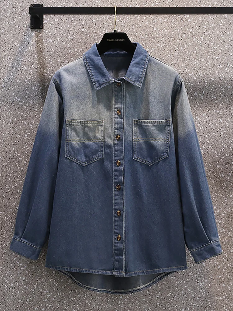 Women Blue Gradient Denim Top Coats Autumn Winter Long Sleeve Polo Collar Jackets 2024 New Korean Elegant Chic Casual Top Coats