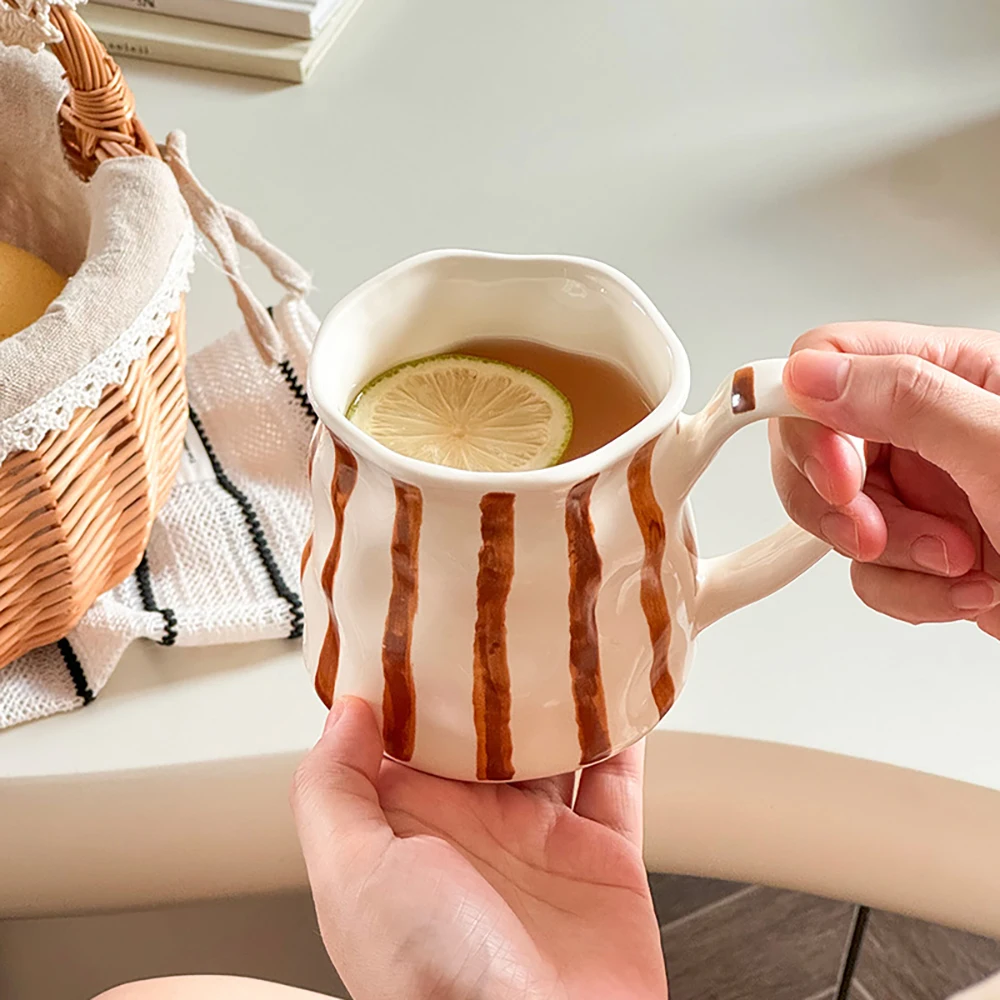 Creative Striped Ceramic Mugs Hand-Pinched Irregular Porcelain Cups Ins Style Vintage Household Couple Coffee Cup Milk Mug