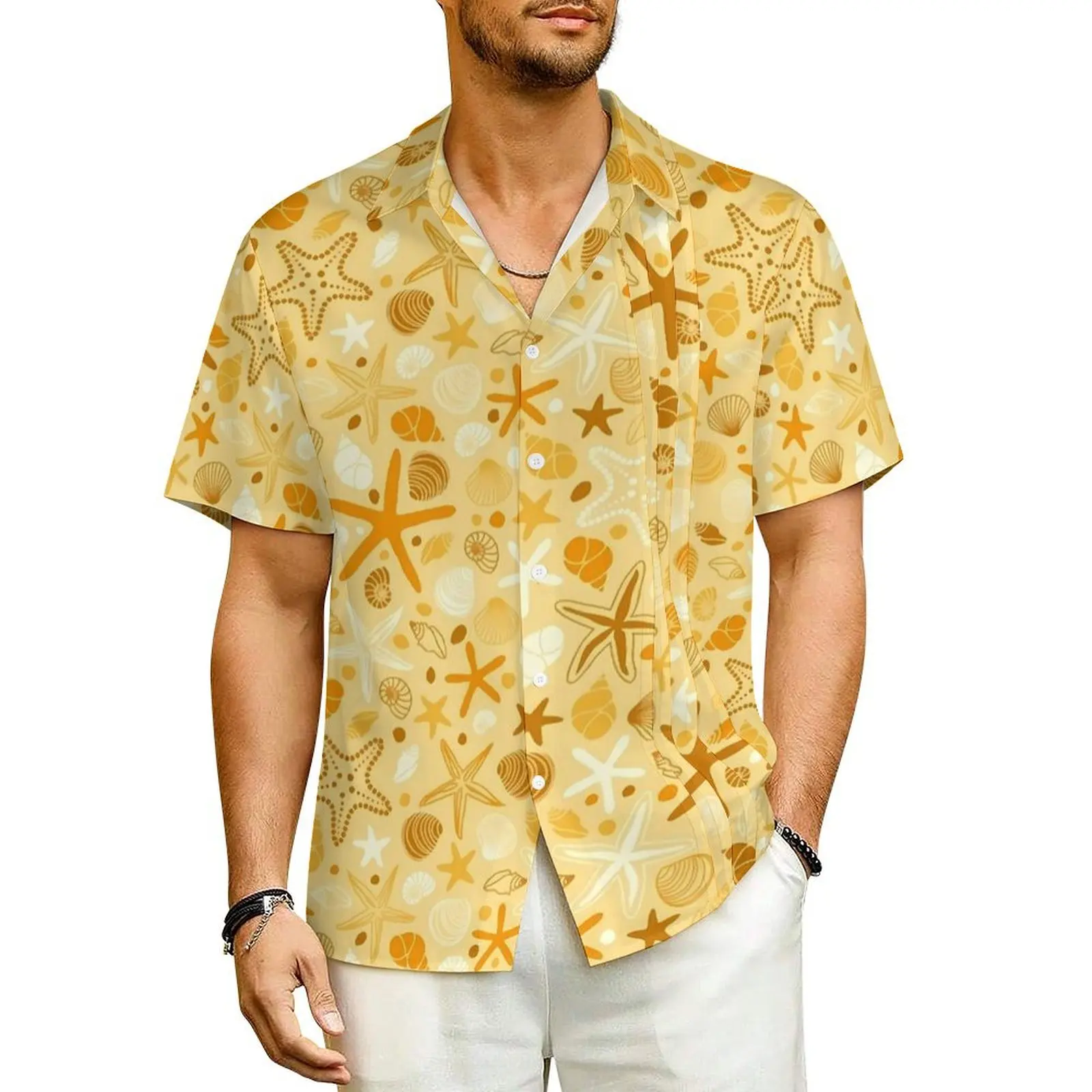 

Yellow Starfish Vacation Shirt Men Seashells Print Retro Y2K Casual Shirts Summer Short Sleeves Streetwear Oversize Blouses Gift