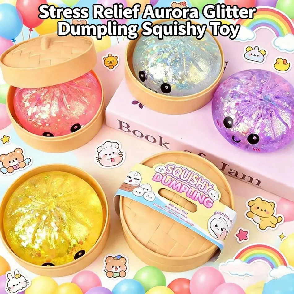 Viral Hidden Design 1-4Pcs Glitter Bead Dumpling Squishy, Blind Box with Box, Realistic Bun & Dumpling Squeeze Toy, Stress Relie