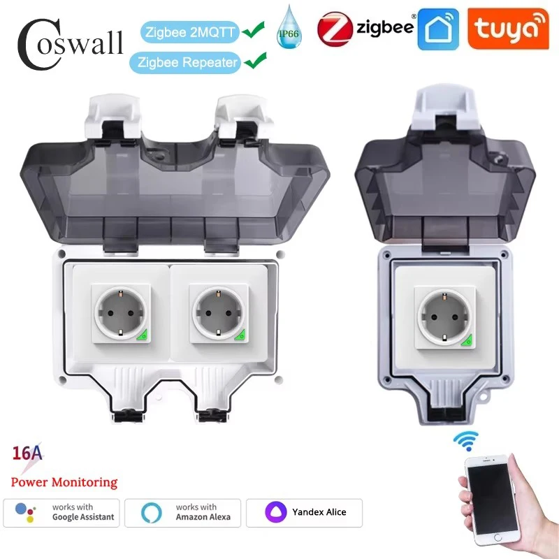 Coswall IP66 Waterproof EU Socket Tuya WIFI / Zigbee Timer Switch Programmable With Power Monitoring Function White