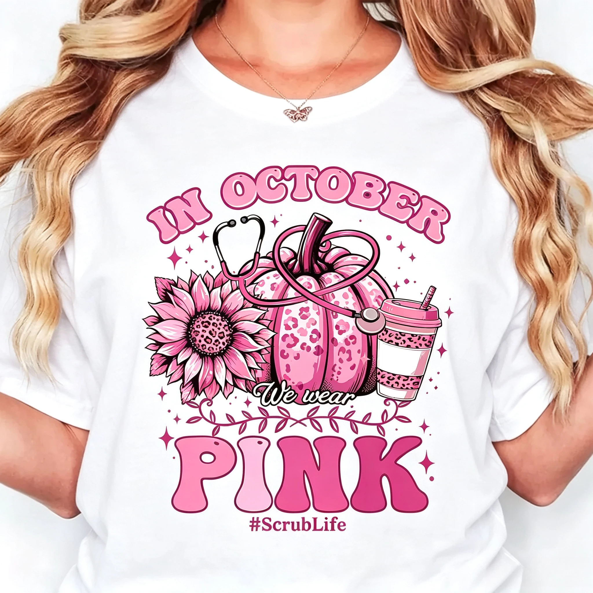 Trendy Pink Pumpkin Stethoscope Sunflower Print Womens T Shirt Casual Short Sleeve Top for Scrub Life Holiday Street Daily Wear