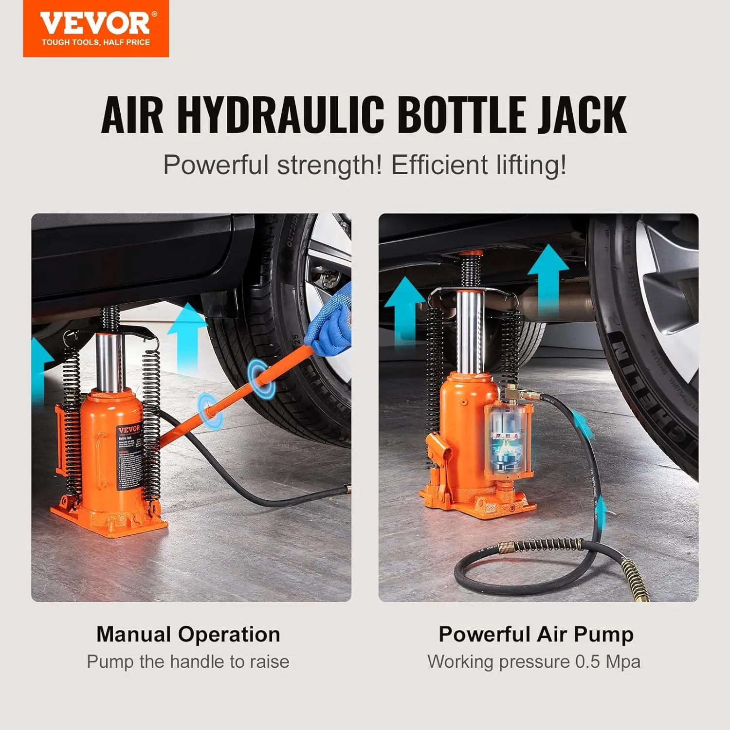 Air Hydraulic Bottle Jack, 20 Ton/40000 LBS All Welded Bottle Jack, 10.4-19.7 inch Lifting Range, Manual Handle and Air Pump