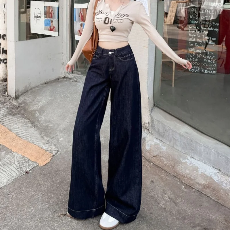 

Women Fashion Loose High Waist Jeans Female Comfortable Daily Commute Trousers Girls Dark Blue Wide Leg Denim Pants